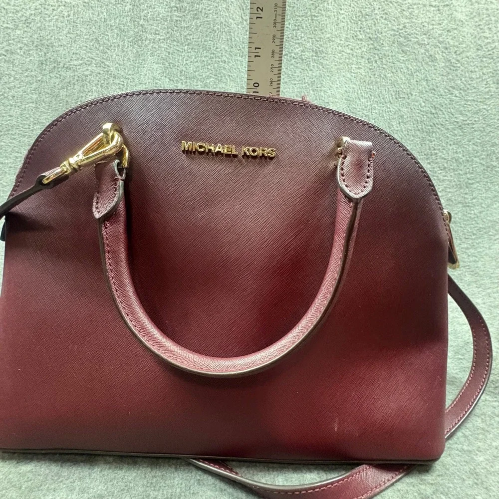 Michael Kors Burgundy Saffiano Dome Satchel Crossbody Shoulder Bag Minimalist - Picture 13 of 16